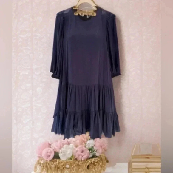 Dress Forum/ Navy blue midi dress/ Balloon sleeves/ Drop waist/Tiered/ Size US S - Picture 1 of 16